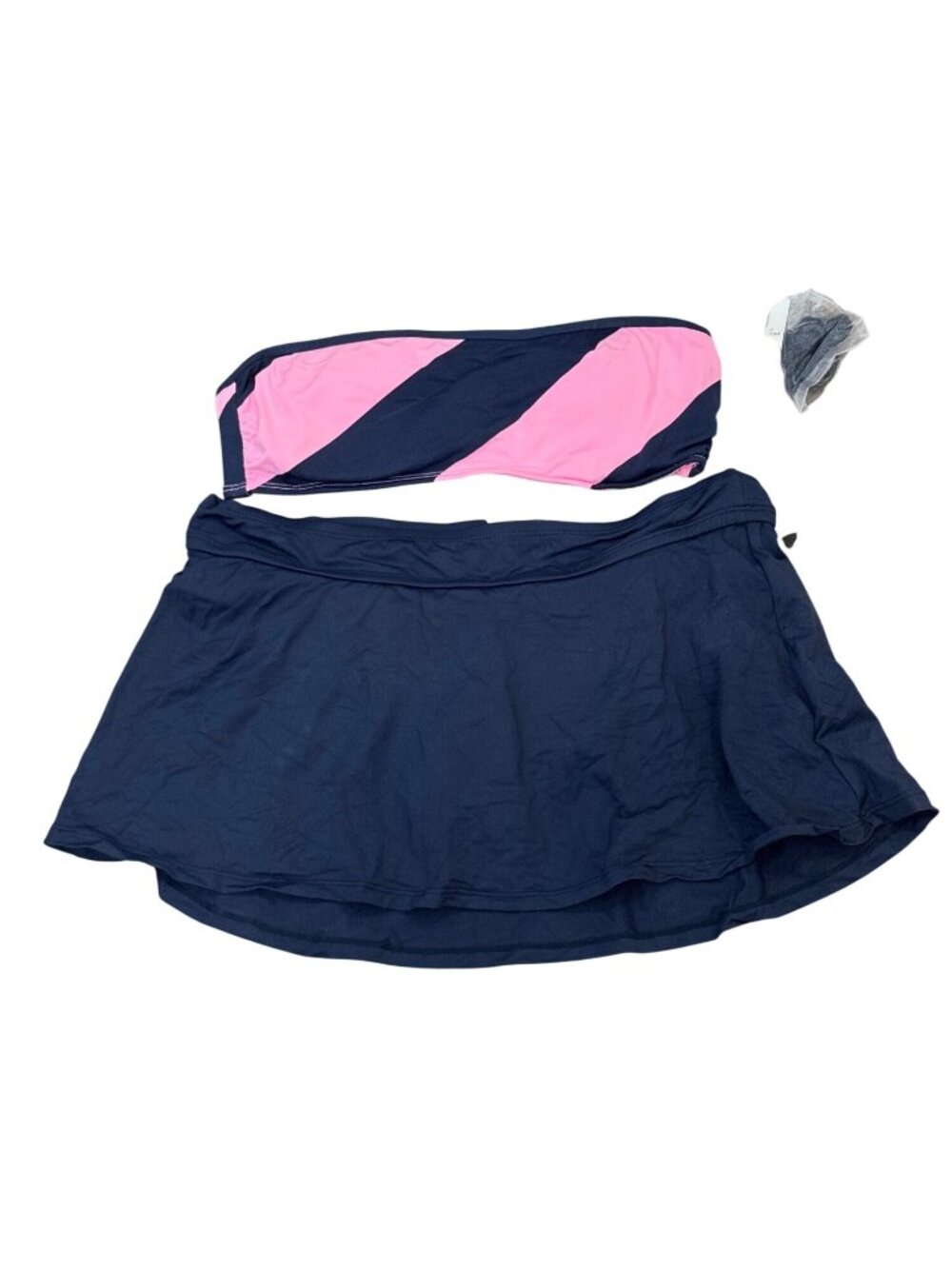 Anne Cole Signature Bandeau Bikini Top & Skirted Bottom Navy Pink S New